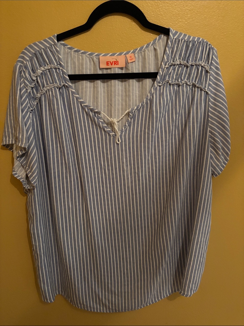 EVRI Light Blue and White Striped Short Sleeve V-Neck Blouse